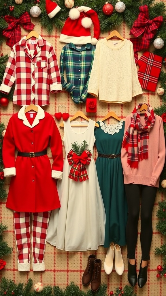 Aesthetic Christmas outfits including matching pajamas, dresses, and sweaters in festive colors.
